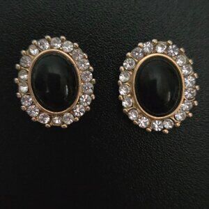 Vintage Trifari Black & Rhinestone Oval Earrings – Timeless Glamour